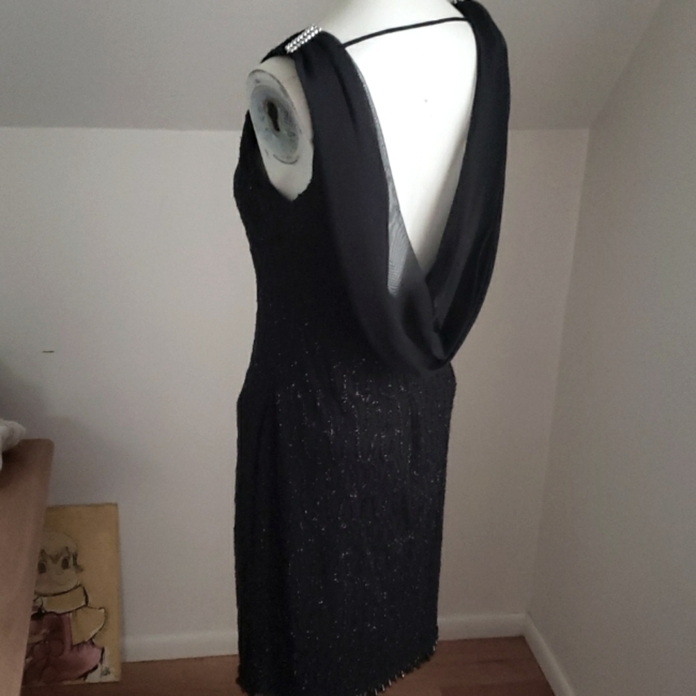 Amanda Taylor Vintage Black Beaded Sleeveless Deep Back Shawled Dress Sz 6 - Picture 2 of 16